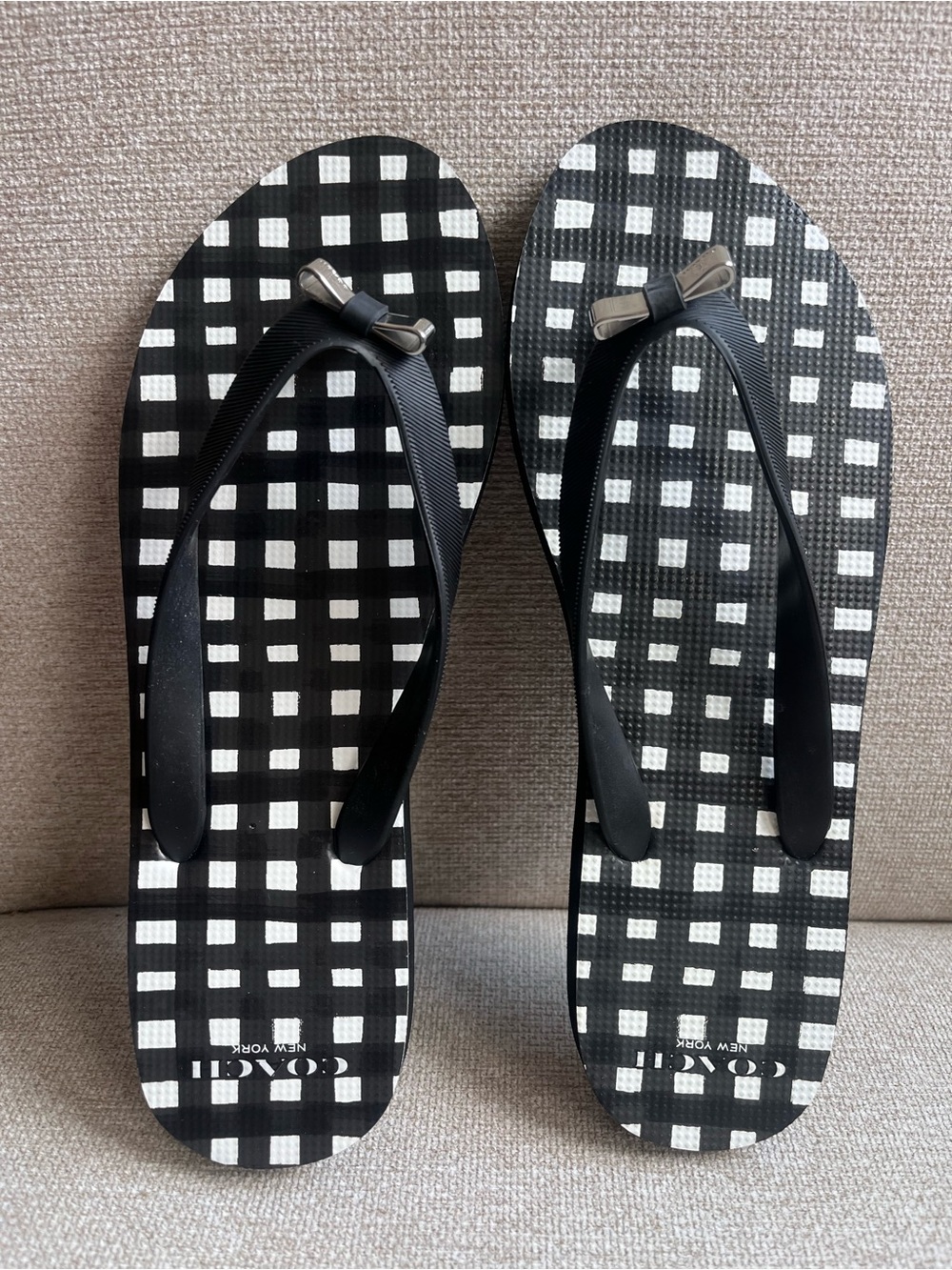 Coach Black & White Gingham Bow Flip Flops